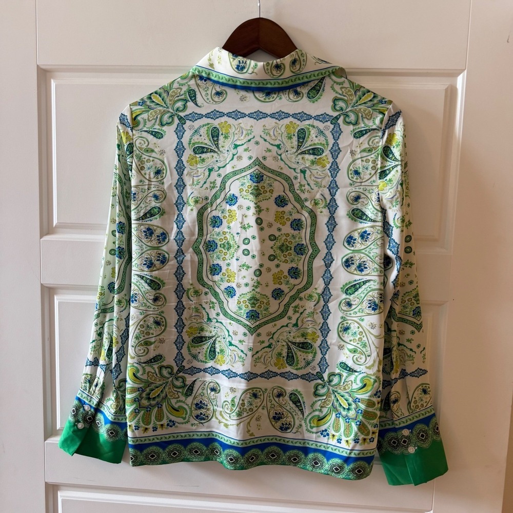 Rachel Zoe Green Paisley Button Down Shirt Scarf Print XS Boho Coastal Y2K‎ - Picture 7 of 10